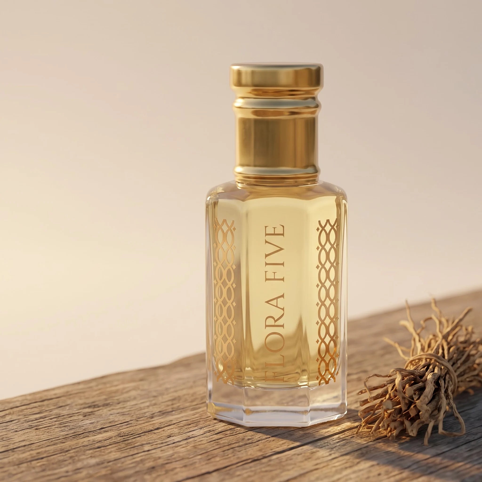 Dior Sauvage Inspired Attar by Flora Five — bottle on a weathered cedar plank beside dried vetiver roots
