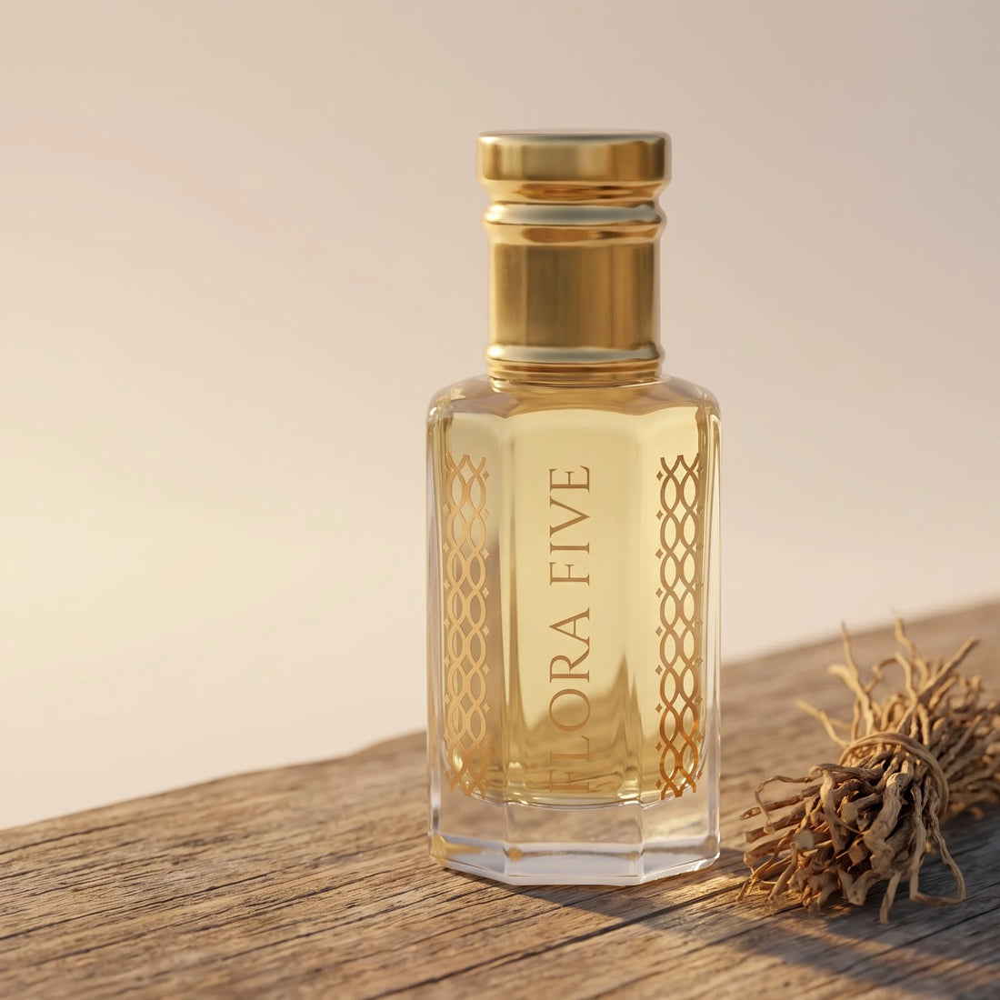 Dior Sauvage Inspired Attar by Flora Five — bottle on a weathered cedar plank beside dried vetiver roots