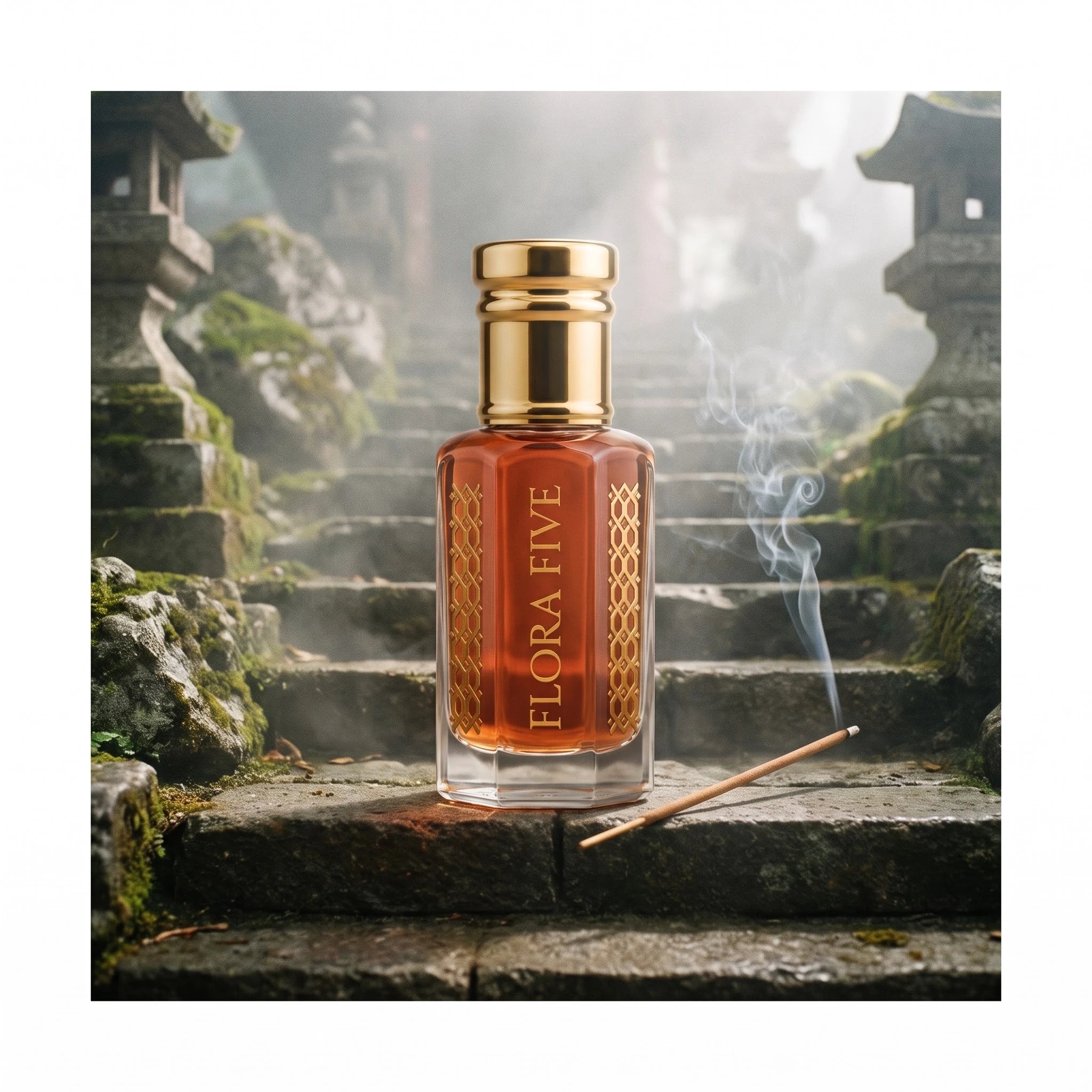 Diptyque Tam Dao inspired attar by Flora Five — amber oil bottle on misty mossy temple steps with a smoking incense stick