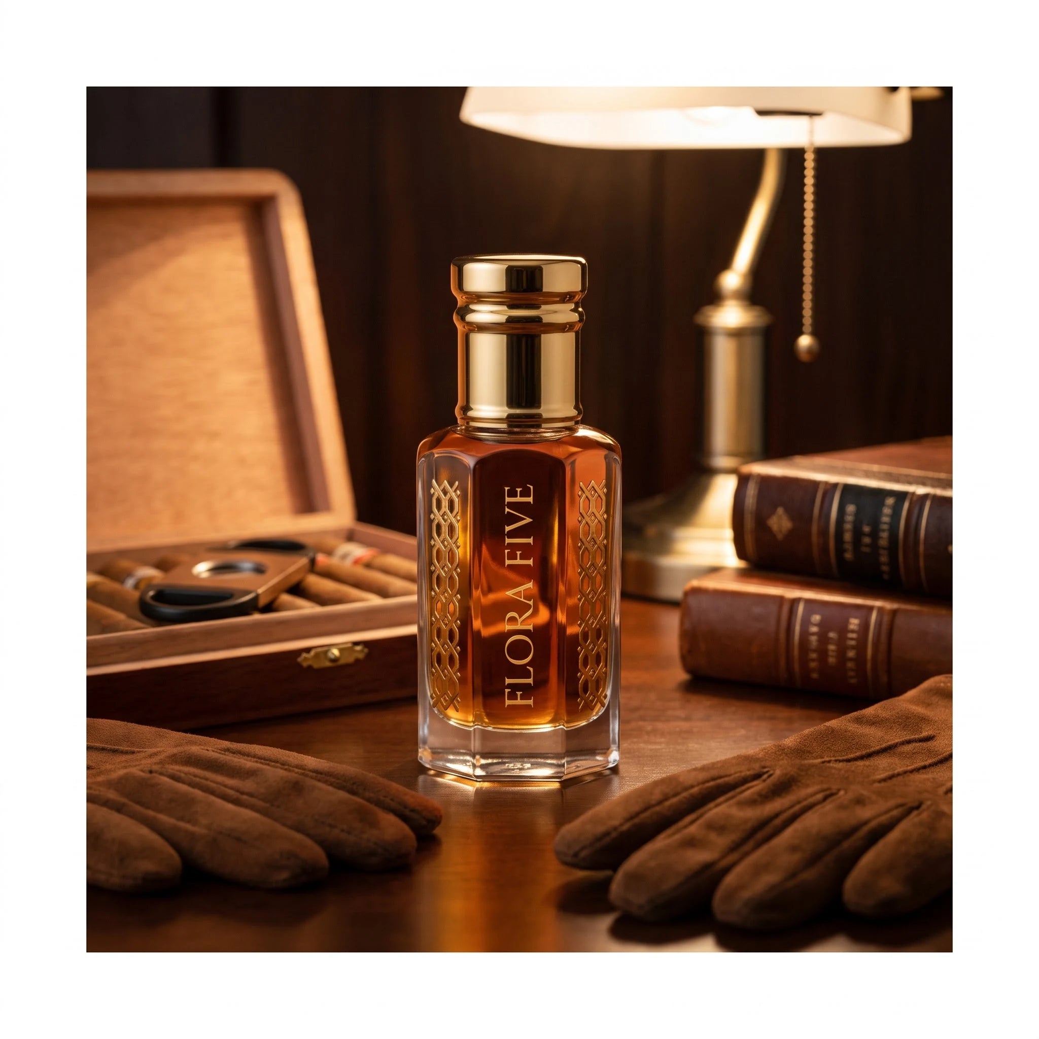 Dunhill Black inspired attar by Flora Five — bottle on a desk with suede gloves, leather-bound books and an open cedar cigar box