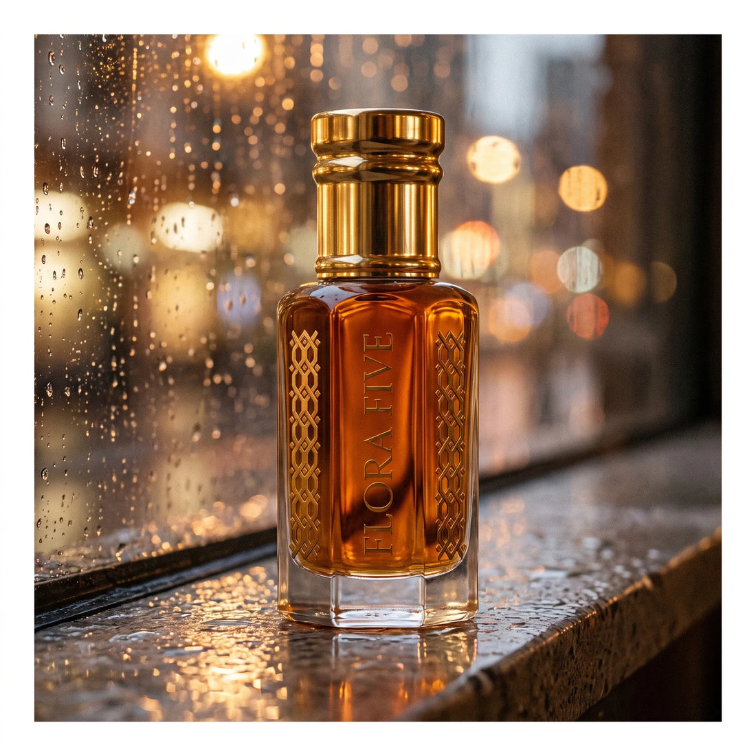 Dunhill Black inspired attar by Flora Five — bottle on a rain-speckled window ledge with blurred city lights at night