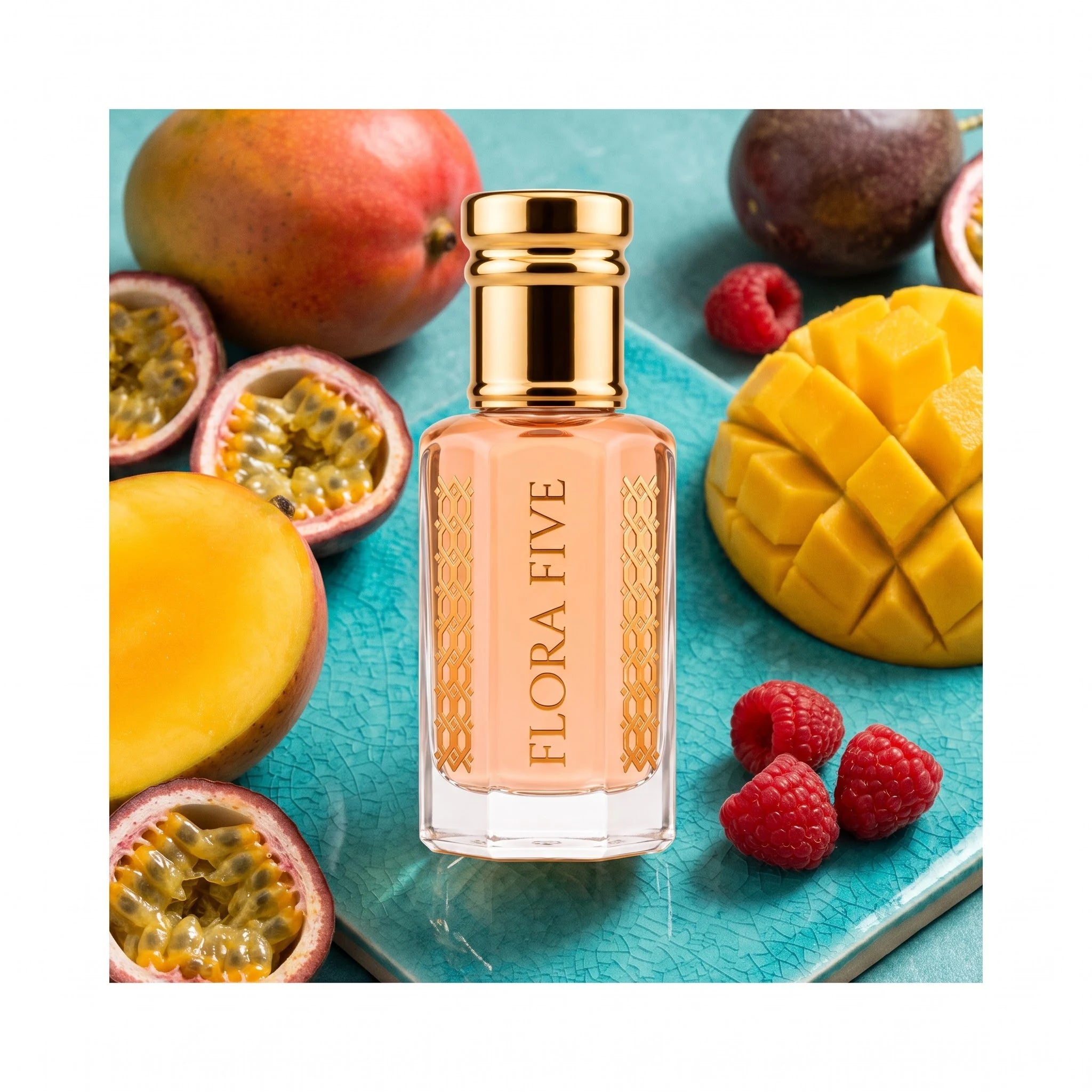 Escada Kiss Land inspired attar by Flora Five — peach oil bottle on turquoise tile with mango, passionfruit and raspberries