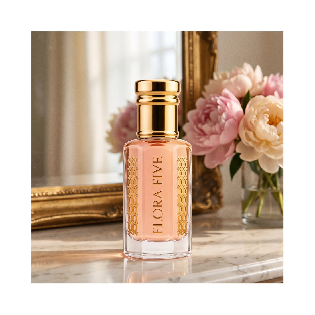 Gucci Paris Inspired Attar by Flora Five — pink oil on a marble vanity with a gilded mirror and a vase of peonies