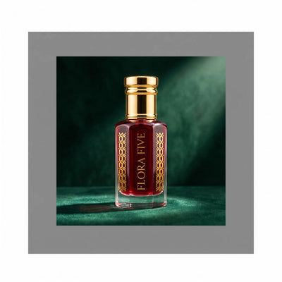 Gucci Voice of the Snake inspired oud, unisex — alcohol-free oud oil (oudh) by Flora Five: deep ruby oil on an emerald velvet backdrop