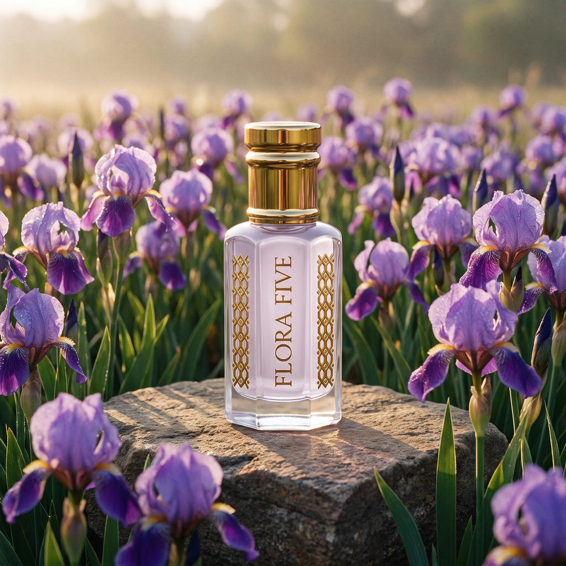Iris Violet Attar by Flora Five — bottle on a sunlit rock in a field of purple irises