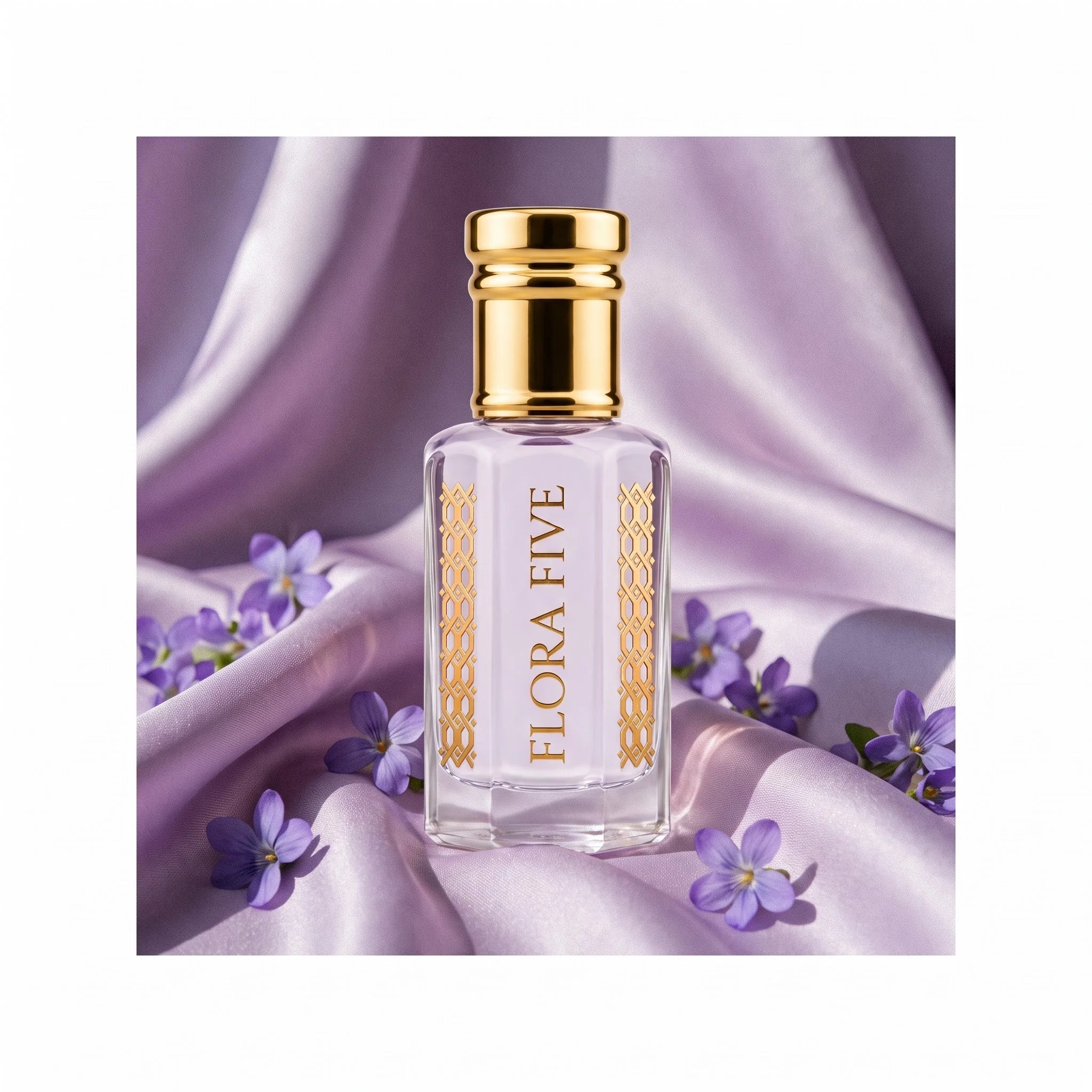 Iris Violet Attar by Flora Five — pale lilac oil on draped lilac silk scattered with violets