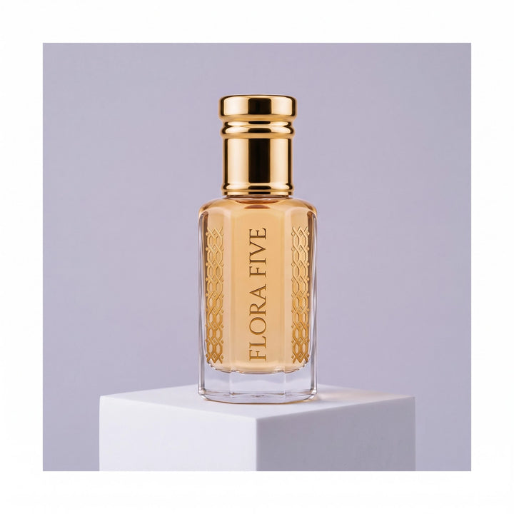 Jo Malone Myrrh & Tonka inspired attar by Flora Five, alcohol-free perfume oil: bottle on a lavender-grey studio backdrop – 3, 6 and 12 ml
