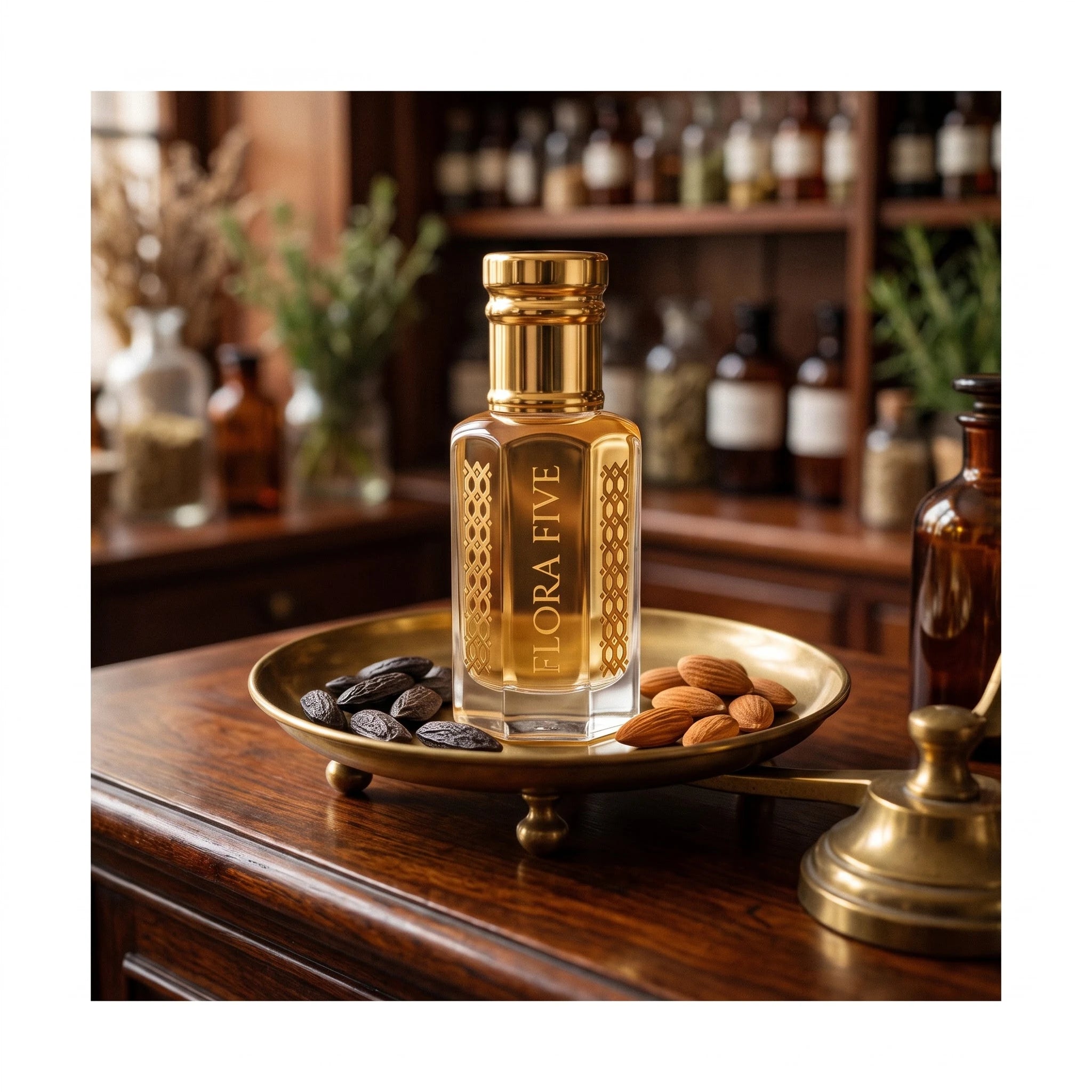 Jo Malone Myrrh & Tonka inspired attar by Flora Five — bottle on a brass dish with tonka beans and almonds in an apothecary setting