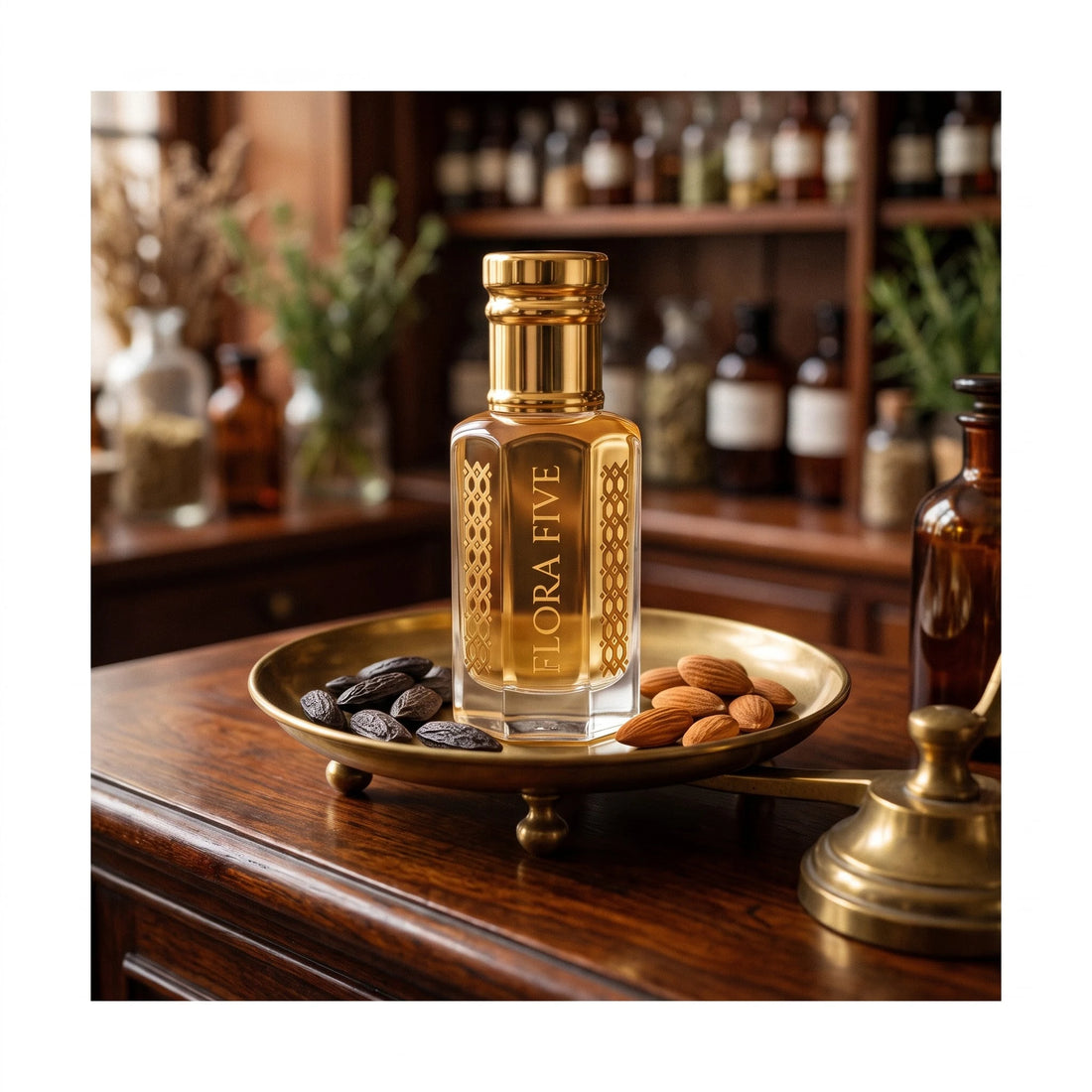 Jo Malone Myrrh & Tonka inspired attar by Flora Five — bottle on a brass dish with tonka beans and almonds in an apothecary setting