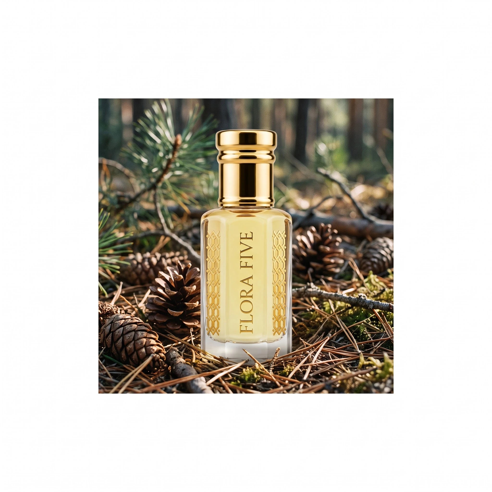 Lacoste Red inspired attar by Flora Five — bottle on a pine forest floor with pine cones and needles