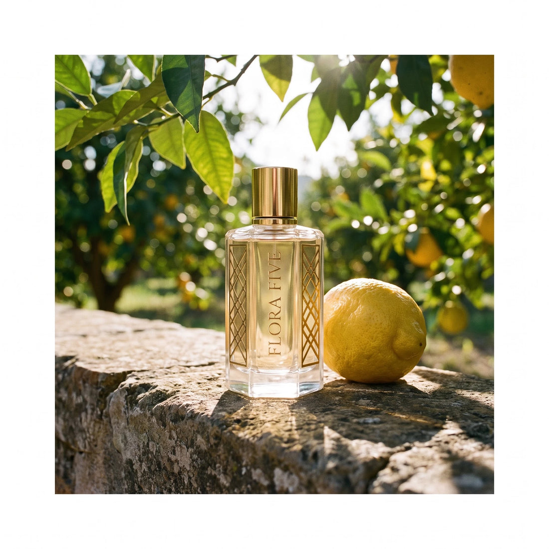 Louis Vuitton Imagination inspired attar by Flora Five — bottle on a stone wall in a sunlit citrus grove beside a lemon