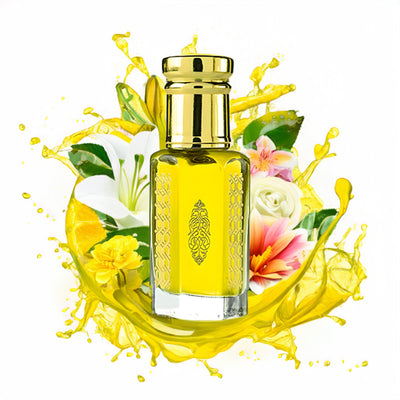 Chanel No. 5 inspired attar for women by Flora Five — alcohol-free perfume oil: yellow oil in a gold-capped bottle with a medallion print in a yellow oil splash with flowers – 3, 6 and 12 ml