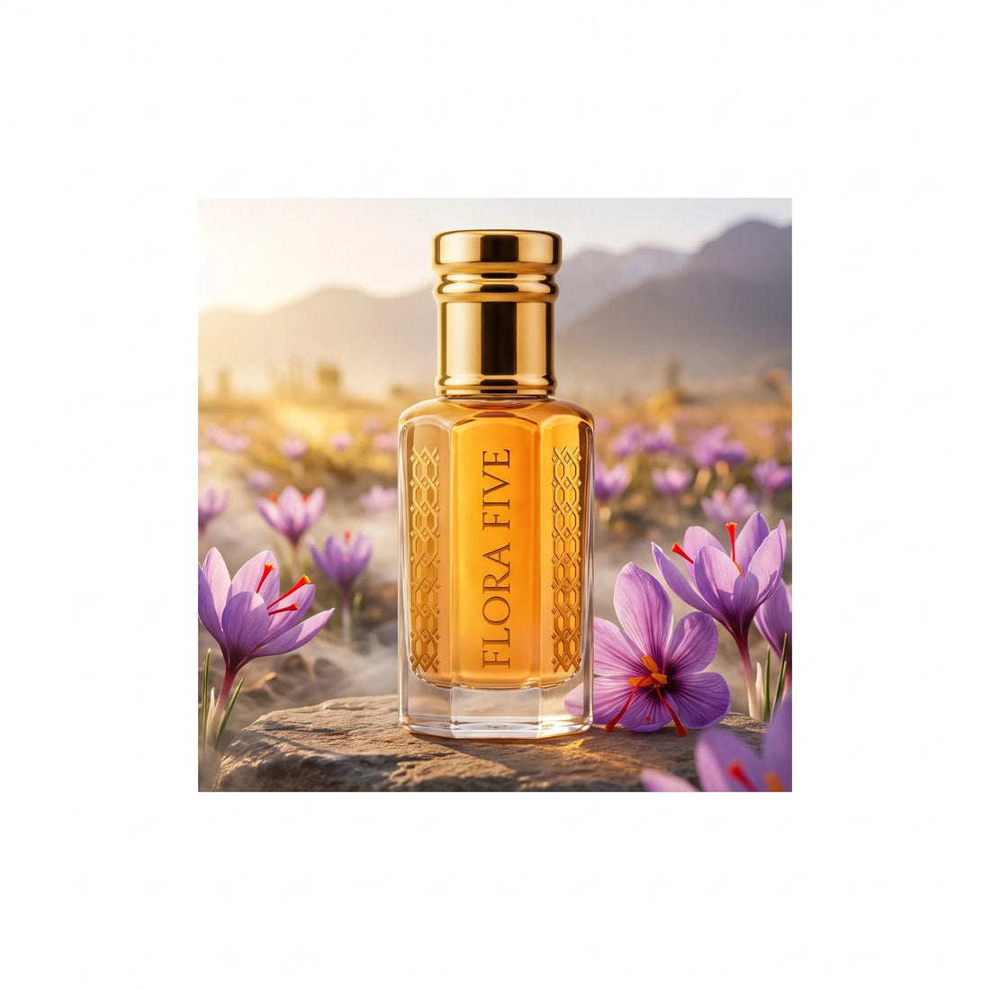 Oud Saffron by Flora Five — bottle on a rock among purple saffron crocus flowers in a mountain valley at sunrise