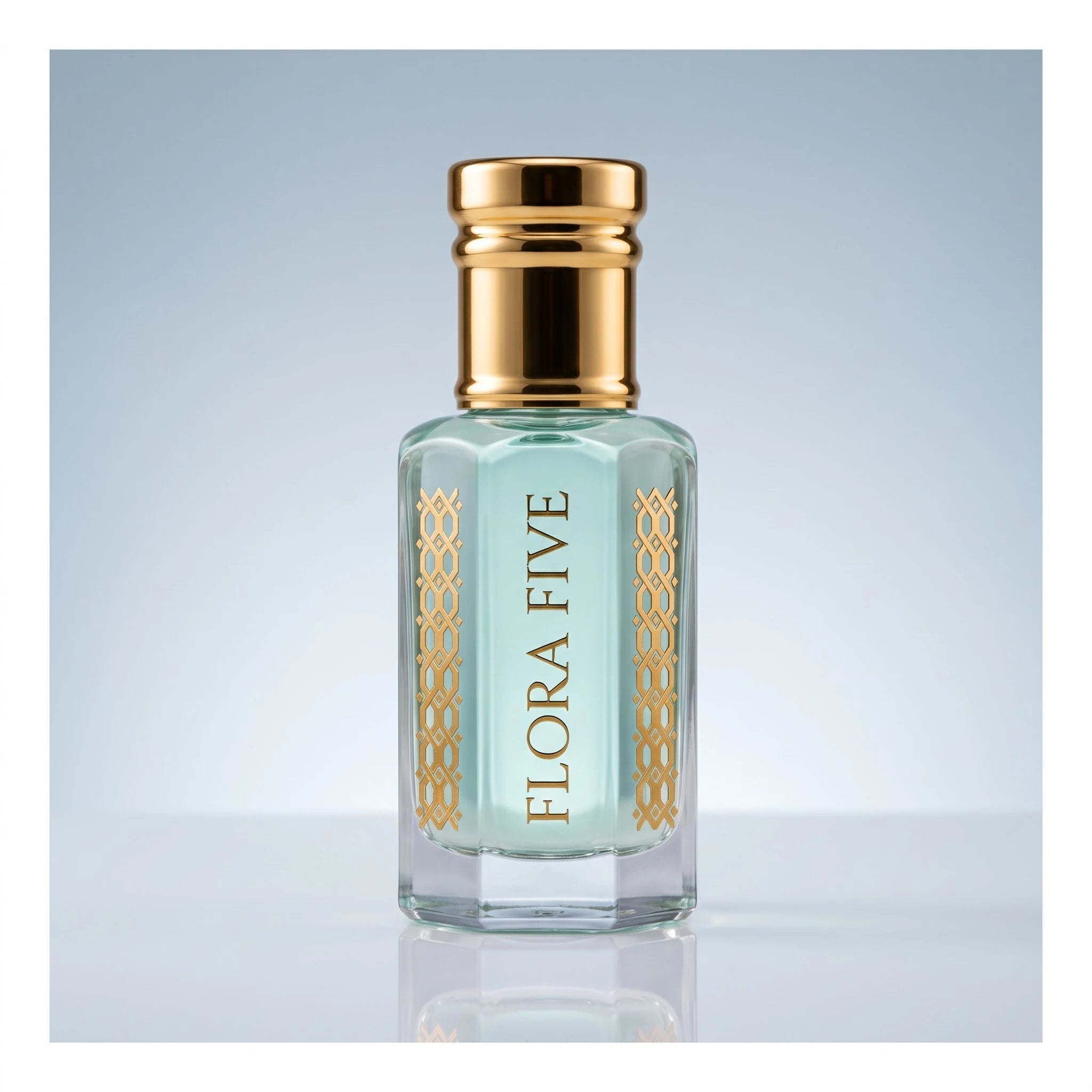 Rasasi Hawas inspired attar for men — alcohol-free attar oil by Flora Five: pale aqua oil in a gold-capped bottle on a soft blue-grey backdrop
