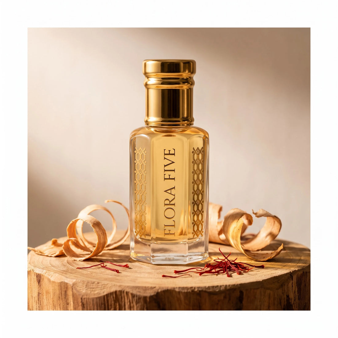 Sandal Aura Attar by Flora Five — on a sandalwood log slice with curled wood shavings and saffron threads