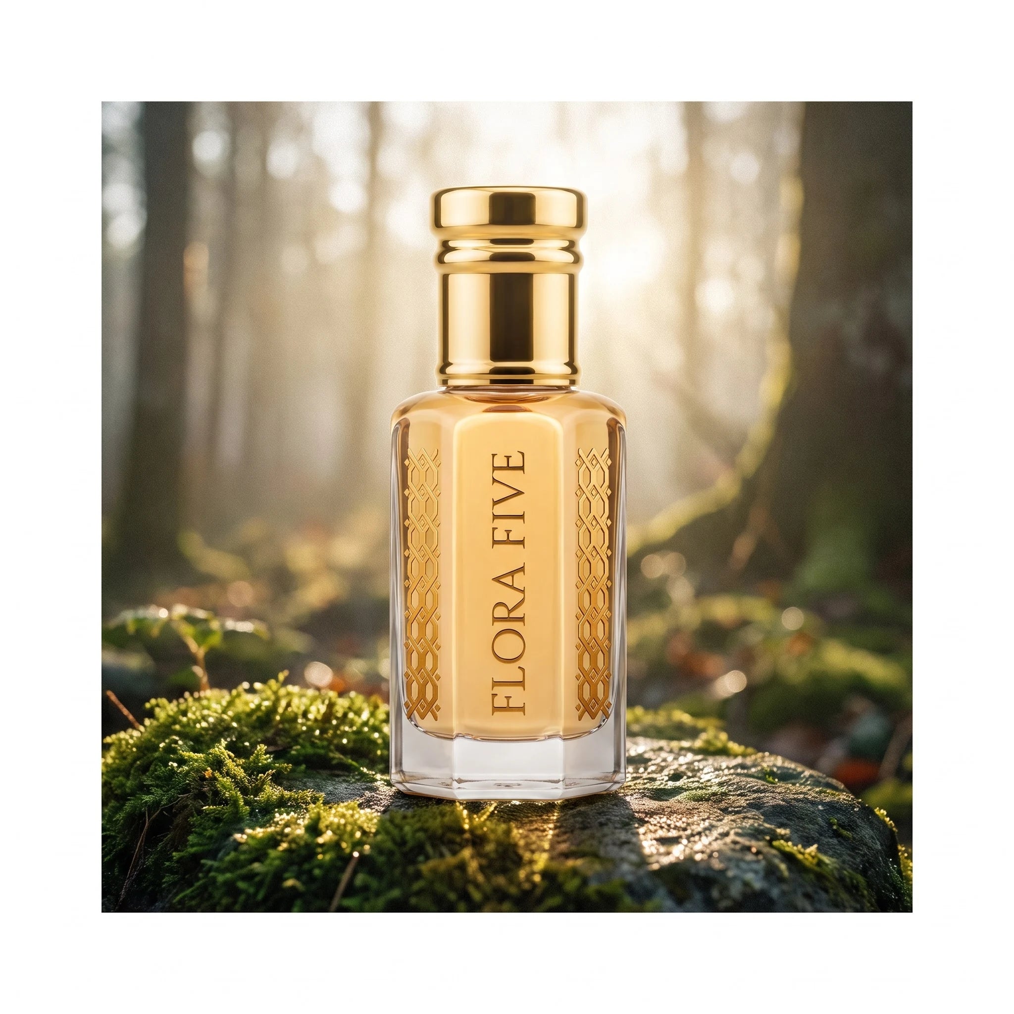 Sandal Aura Attar by Flora Five — on a mossy rock in a misty sunlit forest