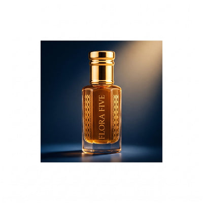 Thousand Nights Attar, unisex — alcohol-free attar oil by Flora Five: deep amber oil in a gold-capped bottle on a midnight-blue backdrop
