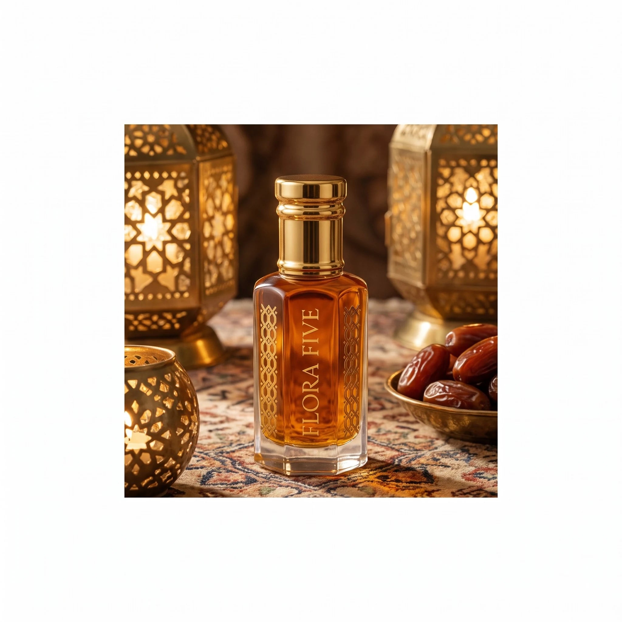 Thousand Nights Attar by Flora Five — between glowing brass lanterns on a patterned carpet with a bowl of dates