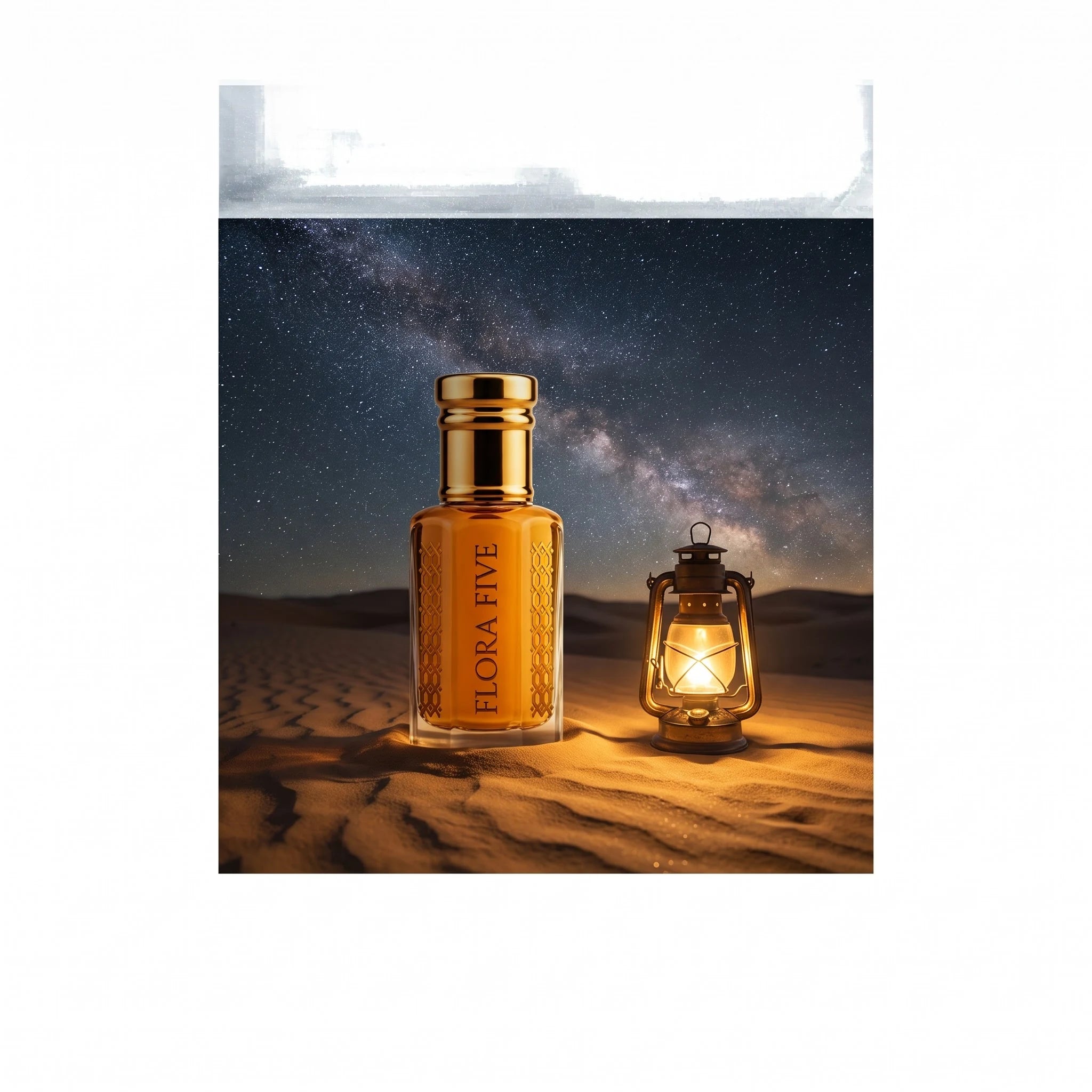 Thousand Nights Attar by Flora Five — on desert dunes under the Milky Way beside a glowing lantern