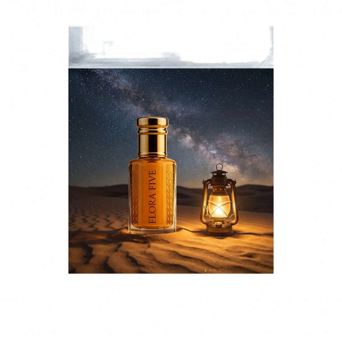 Thousand Nights Attar by Flora Five — on desert dunes under the Milky Way beside a glowing lantern