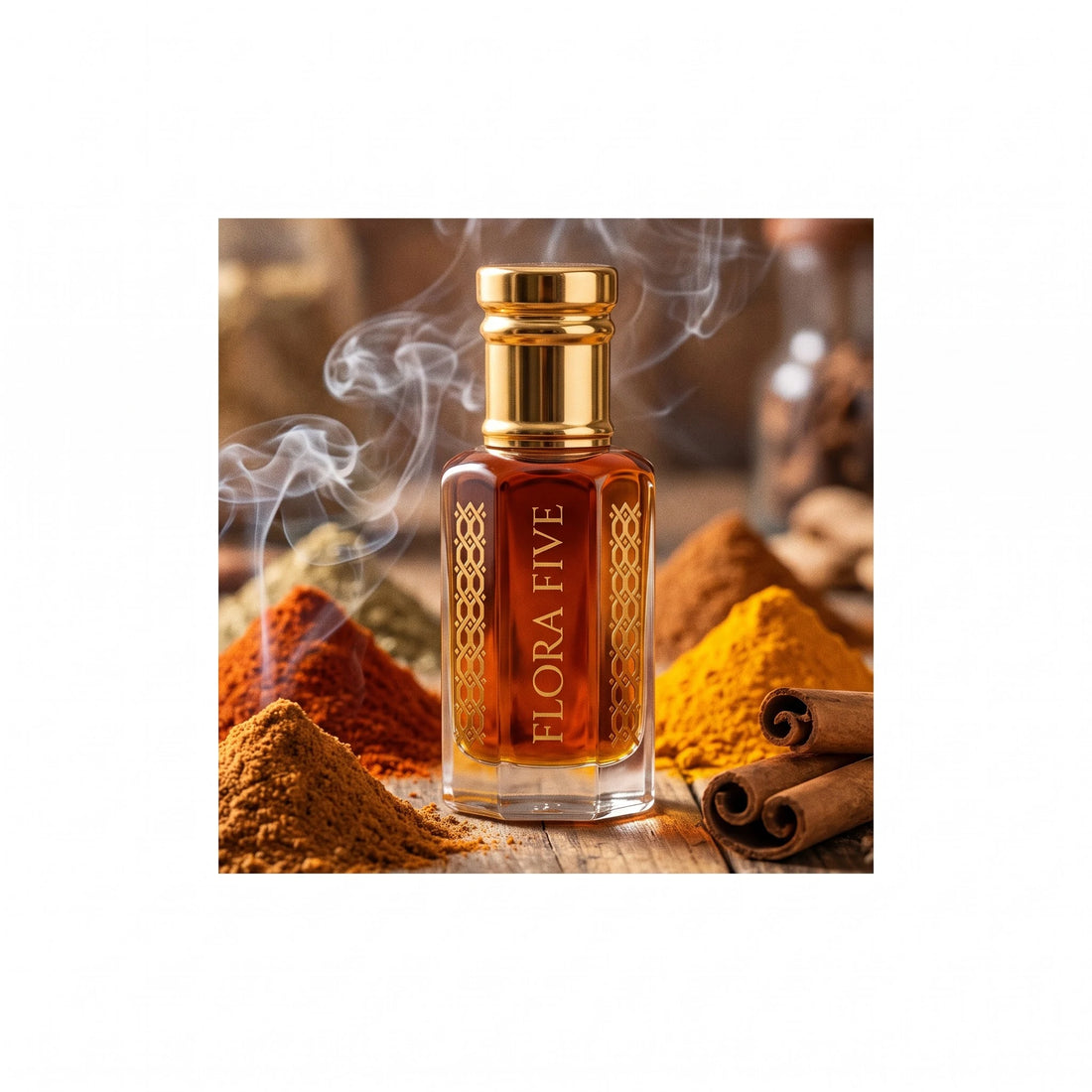 Thousand Nights Attar by Flora Five — with curling smoke, cinnamon sticks and heaps of ground spices