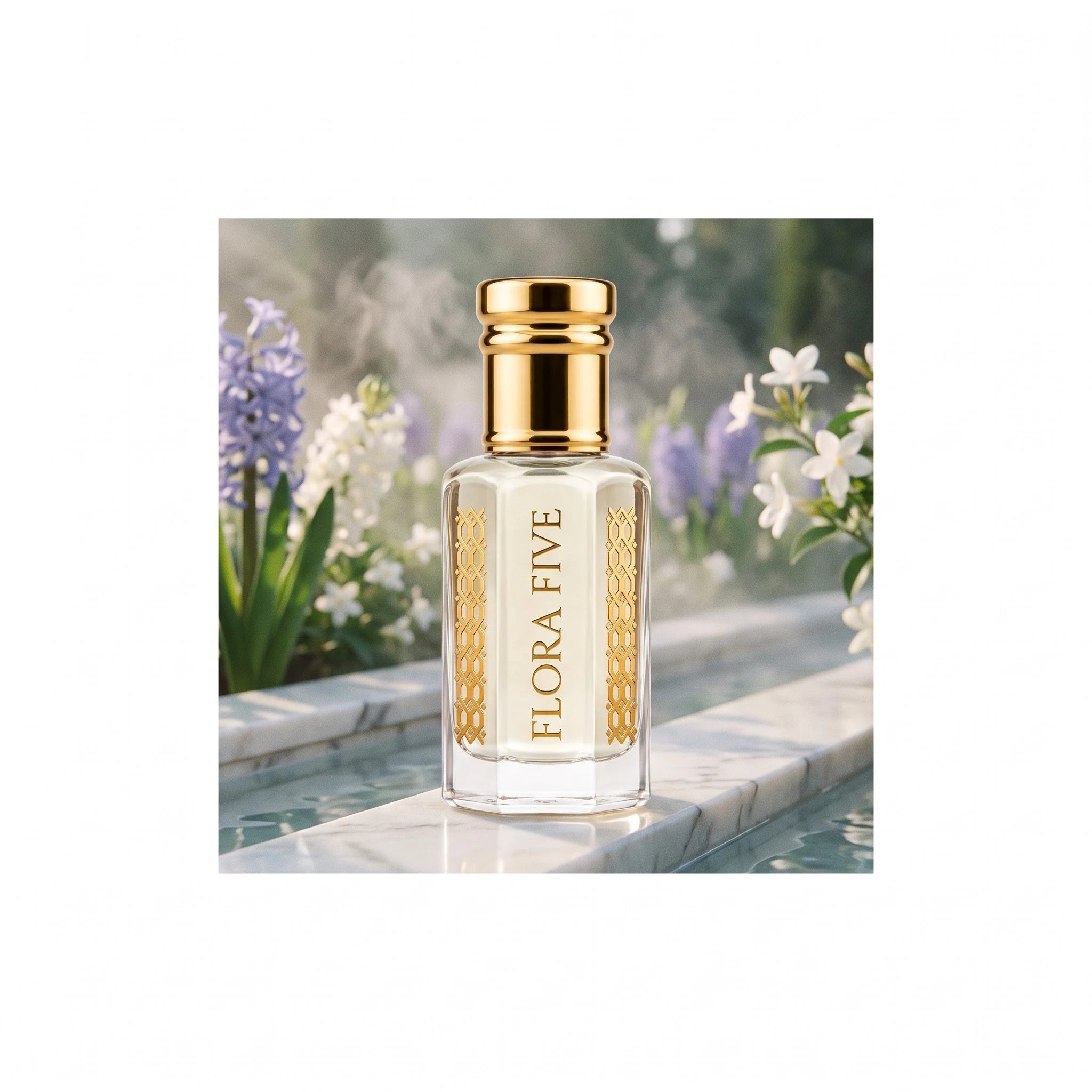 White Firdaus Attar by Flora Five — on a marble garden water channel with hyacinths and jasmine