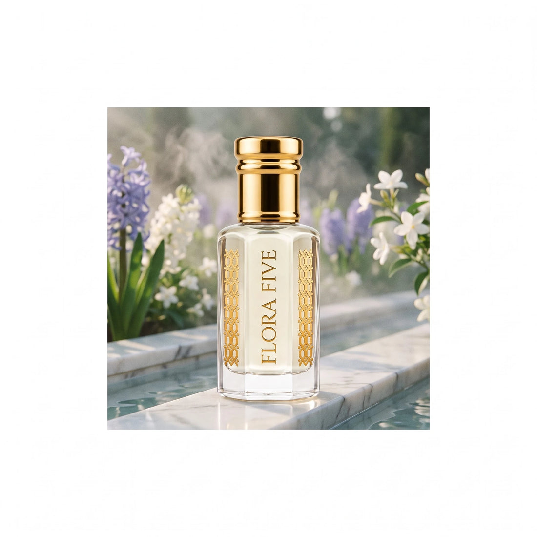 White Firdaus Attar by Flora Five — on a marble garden water channel with hyacinths and jasmine