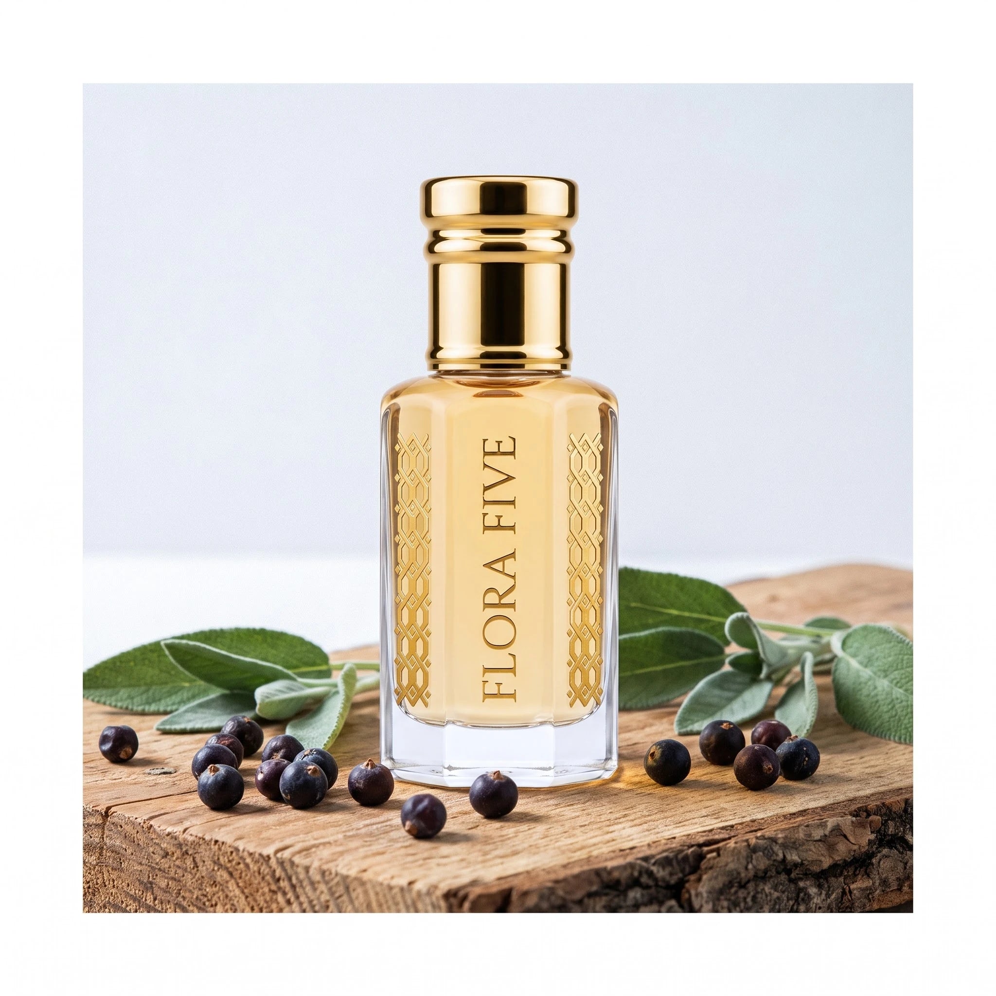 YSL Y Inspired Attar by Flora Five — golden oil on rustic wood with sage leaves and juniper berries